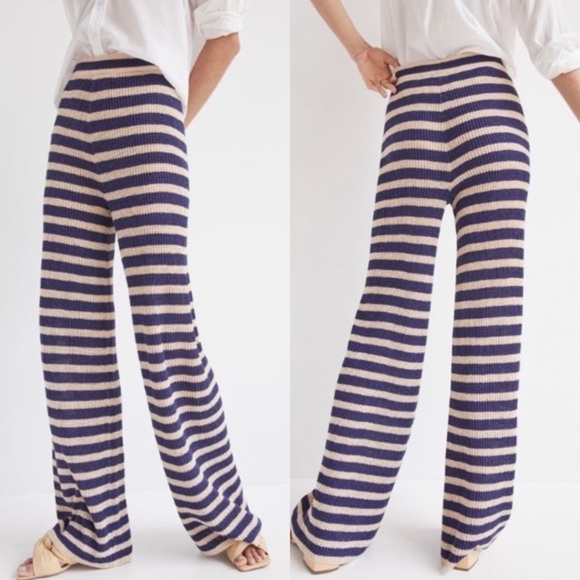 NWT Anthropologie Flat White High Rise Wide Leg Striped Flare Pants Tan/Navy - Picture 1 of 6